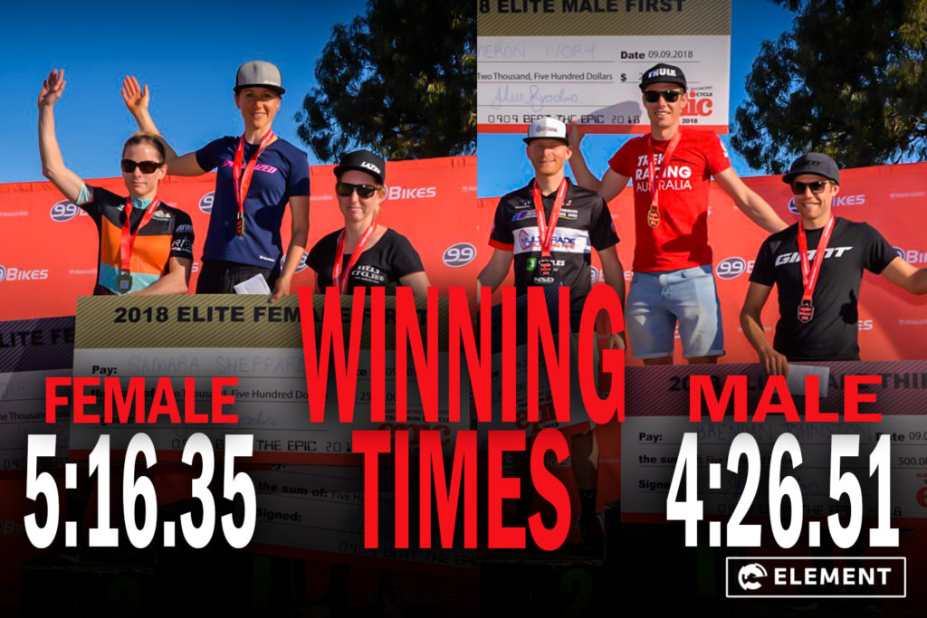 The male and female winners of the Flight Centre Cycle and Trail Run Epic 2018. 